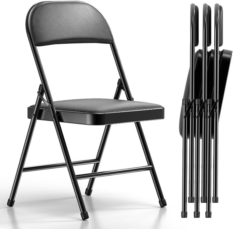 Photo 1 of  4 Pack Folding Chairs with Padded Cushion and Back, Khaki Metal Chairs with Comfortable Cushion and Durable Steel Frame for Home and Office, for Indoor and Outdoor Events (Black, 4 Pack)