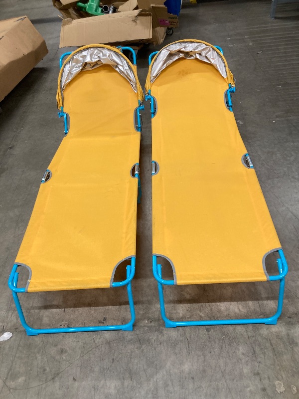 Photo 1 of **A little dirty**2 Pack Outdoor Lounge Chair, Tanning Chair with Sunshade Roof, Adjustable Backrest Folding Chaise Lounge, Reclining Beach Bed for Beach, Camping, Hiking -Yellow