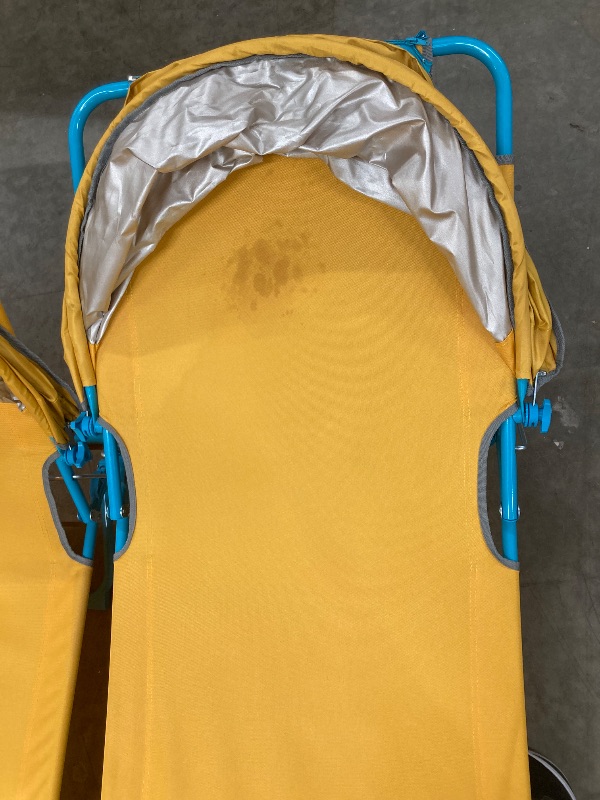 Photo 1 of **A little dirty**2 Pack Outdoor Lounge Chair, Tanning Chair with Sunshade Roof, Adjustable Backrest Folding Chaise Lounge, Reclining Beach Bed for Beach, Camping, Hiking -Yellow