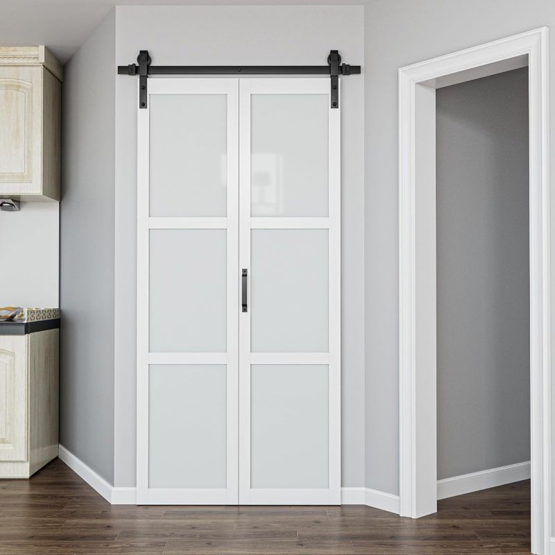 Photo 1 of 40" x 84" Frosted Glass Bifold Sliding Barn Door with Hardware Kit Included, Pre-Assembled Solid Core Panel Bi-fold Barn Door for Pantry, Closet, Primed White Finish with Water Resistance, Paintable