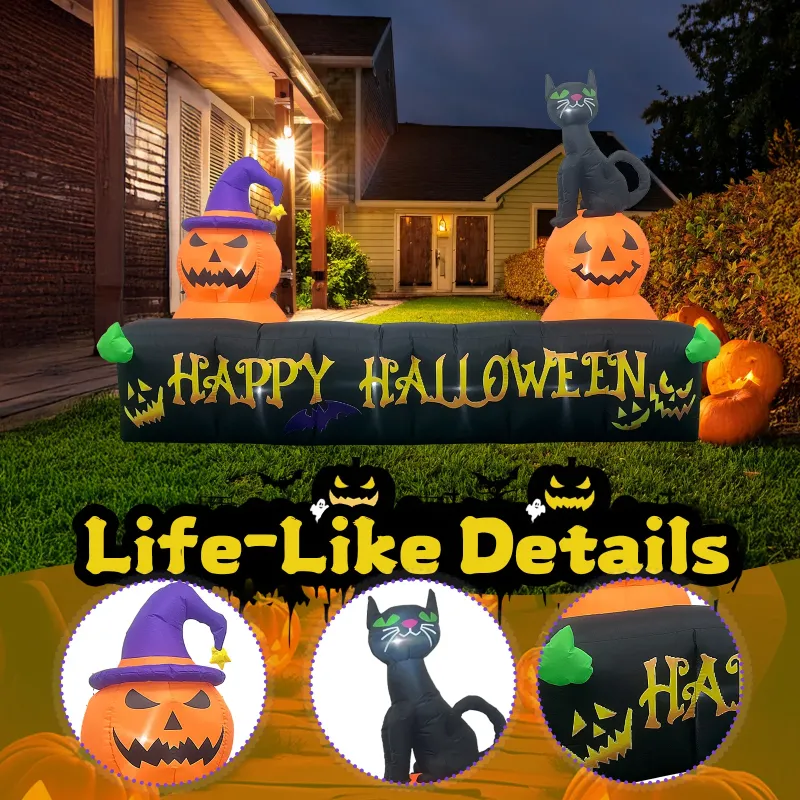 Photo 1 of 10Ft Long Halloween Inflatable Decorations with LED Lights, Happy Halloween Sign with Pumpkin and Cat for Yard Lawn Yard Home Party Indoor Outdoor