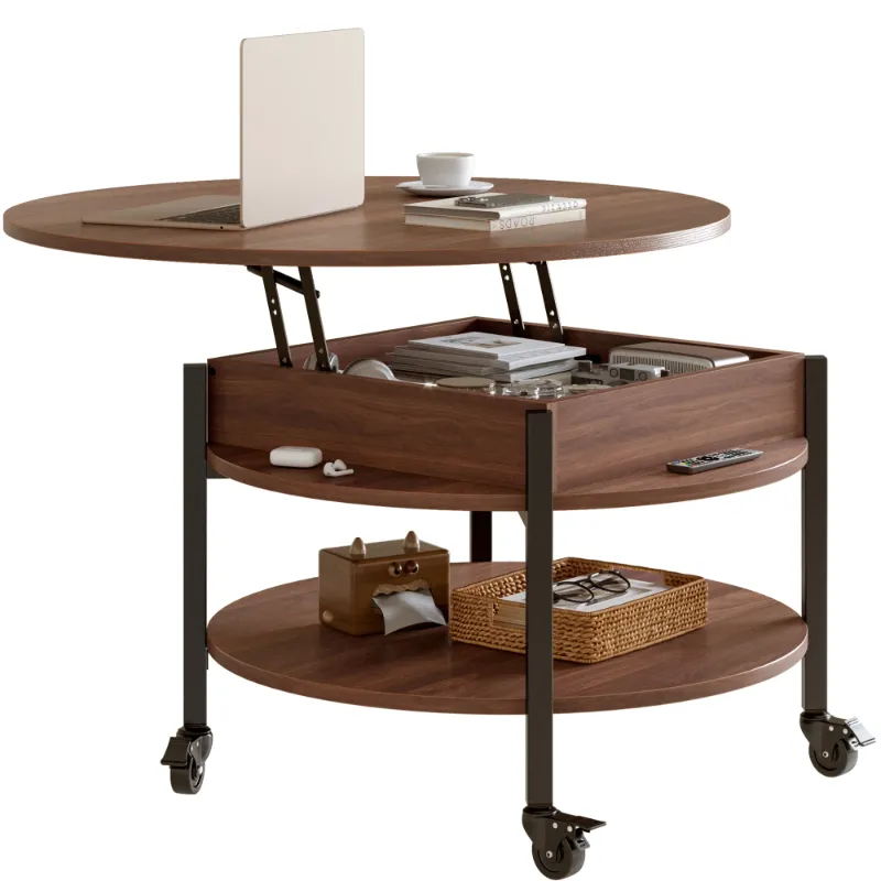 Photo 1 of ***DAMAGED-MISSING PARTS -SELLING AS IS***
GUNAITO Round Lift Top Small Coffee Table on Wheels with Storage, Modern Farmhouse Center Table with Shelf Small Circle Table for Living Room, Walnut