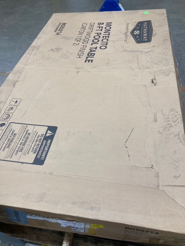 Photo 1 of ***MISSING BOX 2 OF 2/INCOMPLETE SET***Hathaway Montecito 8ft Pool Table for Game Room – Billiard Table with Poly-Coated Non-Slate Playfield, Drop Pockets, Leg Levelers – Includes Cues, Pool Balls, Chalk, Triangle, Brush – Driftwood Finish