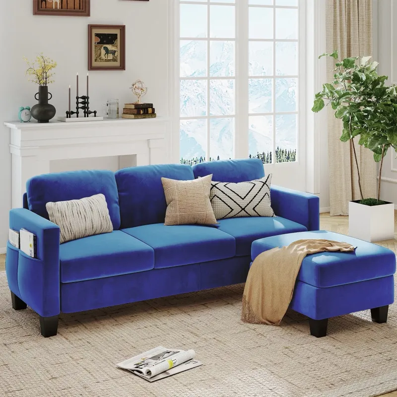 Photo 1 of ******MISSING PARTS**** Pinmoco Modular Sectional Sofa Couch, 3 Seat L-Shaped Velvet Cloud Couch Convertible Sofa with Movable Storage Ottoman for Living Room, Bedroom and Small Space, Blue