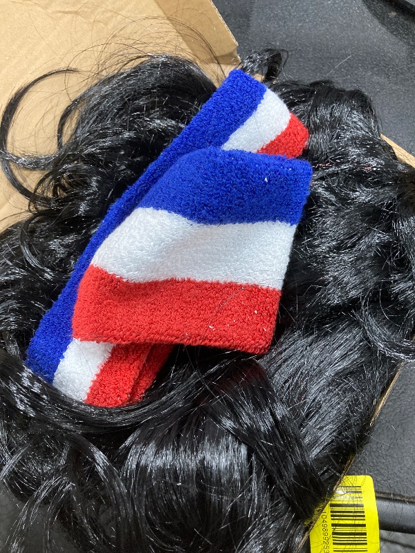 Photo 1 of ********THE GLASSES ARE MISSING******* Mullet Wigs Cosplay Halloween Costume 80s Men's Mullet Wig with Patriotic Sunglasses & Wristband for Fancy Dress(Black)
