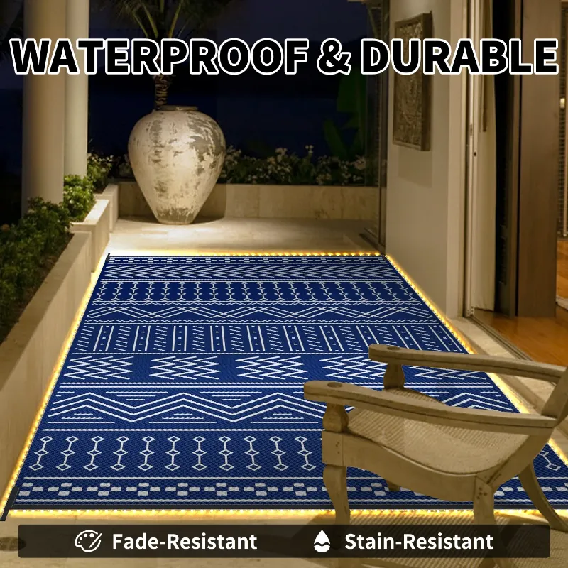Photo 1 of **MISSING PARTS/RUG ONLY**SIXHOME Outdoor Rug with LED Strip Lights 8'x10' Waterproof Patio Rug Reversible Indoor Outdoor Rug Lightweight Plastic Straw Rug for RV Camping Deck Balcony Boho Porch Decor Blue and White