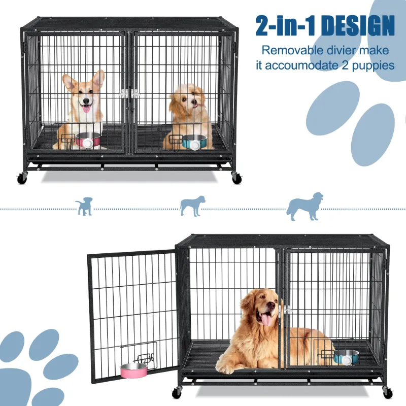 Photo 1 of **It is used, it is missing a part and it is not known if it works 100%***uchown Heavy Duty Dog Crate – 44 Inch Escape-Proof Steel Cage for Small to Large Dogs, Stackable Metal Kennel with Double Door, Lockable Wheels, Removable Tray & Feeding Bowls, Indo