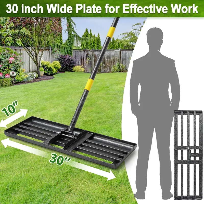 Photo 1 of **It is used, it is missing a part and it is not known if it works 100%***DEROFIT Heavy Duty Lawn Leveling Rake, 30" x 10" Lawn Leveler Rake with 71" Long Handle for Garden, Yard, Lawn, Metal, Black