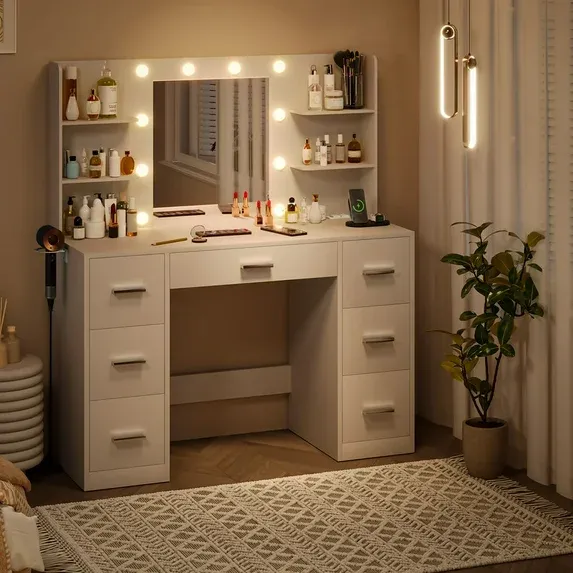 Photo 1 of ***It is used, it is missing parts and it is not known if it is 100% functional.****Homall Vanity Desk with Mirror, LED Lights & Power Outlet, Makeup Vanity Table with 7 Drawers & Shelves for Girls and Women, White