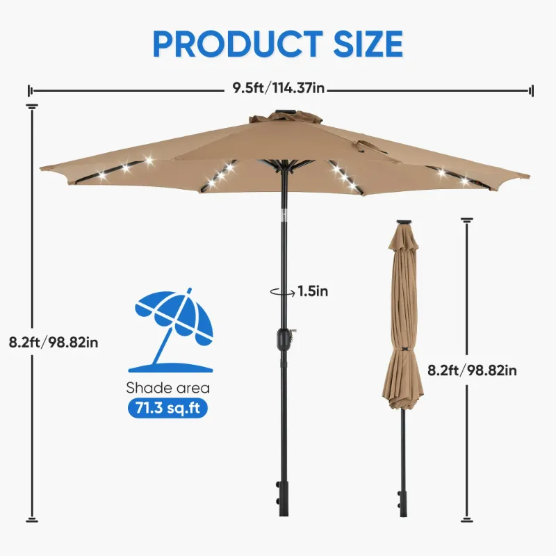 Photo 1 of *****edx 10ft Solar 32 LED Lights Patio Umbrella with Tilt Adjustment and UV-Resistant Polyester It is used, it is missing a piece and it is not known if it is 100% functional.****Fabric?Market Umbrella for Outdoor, Khak