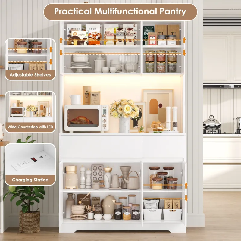Photo 1 of ****It is used, it is missing a piece and it is not known if it is 100% functional.****Homfa 70.9'' Tall Kitchen Pantry Cabinet with Charge Station & Led Light, 3 Drawer Storage Cabinet with Adjustable Shelves, White