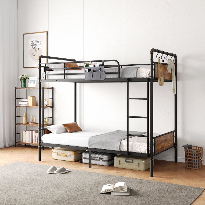 Photo 1 of **It is used, it is missing a piece and it is not known if it is 100% functional.****Cocosity Metal Twin over Twin Bunk Bed with Storage Bag 2 Convertible Twin Beds , Antique Wood Grain