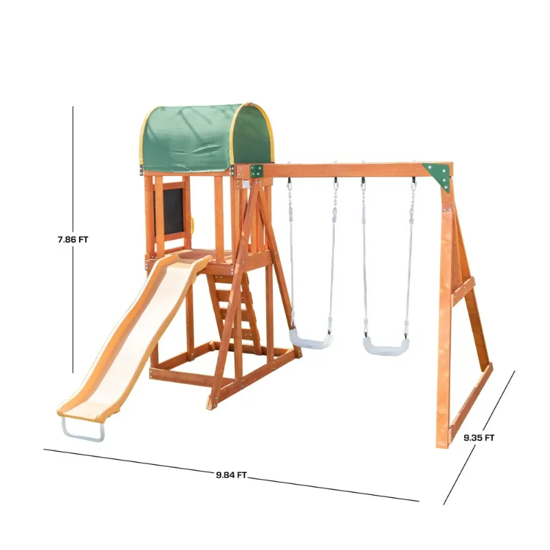 Photo 1 of ****It is used, it is missing a piece and it is not known if it is 100% functional.****The Swing Company North Star Wooden Swing Set for Kids with Play Fort, 6' Slide & LED Swing Seats