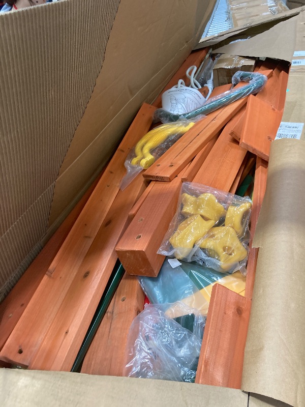 Photo 1 of ****It is used, it is missing a piece and it is not known if it is 100% functional.****The Swing Company North Star Wooden Swing Set for Kids with Play Fort, 6' Slide & LED Swing Seats