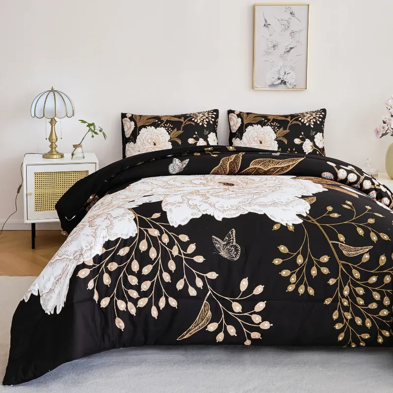 Photo 1 of ***used missing parts***URBONUR 3 Pcs Black and Gold Floral Comforter Set King Size, White Flowers Butterfly Printed Bedding Set, Botanical Gold Leaves Bed Comforter Set for Women Men
