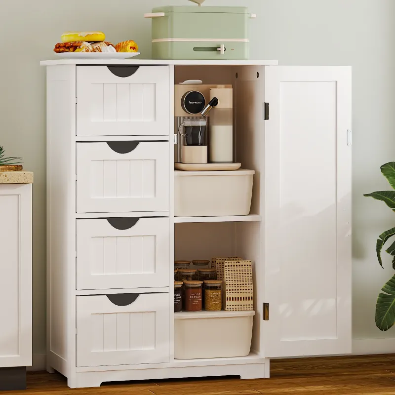 Photo 1 of **It is used, it is missing a part and it is not known if it works 100%.***Ktaxon Wooden Bathroom Floor Cabinet, Side Storage Organizer with 4 Drawers, 1 Cupboard & 2-Shelves, White