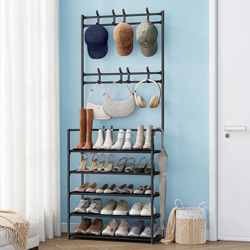 Photo 1 of ***It is used, it is missing a part and it is not known if it works 100%.***5-Tier Shoe Rack with 8 Hooks, Free Standing Stackable Shoe Shelf Storage for Sneakers & Boots - Fits Closet, Entryway, Garage, Dorm, Small Spaces