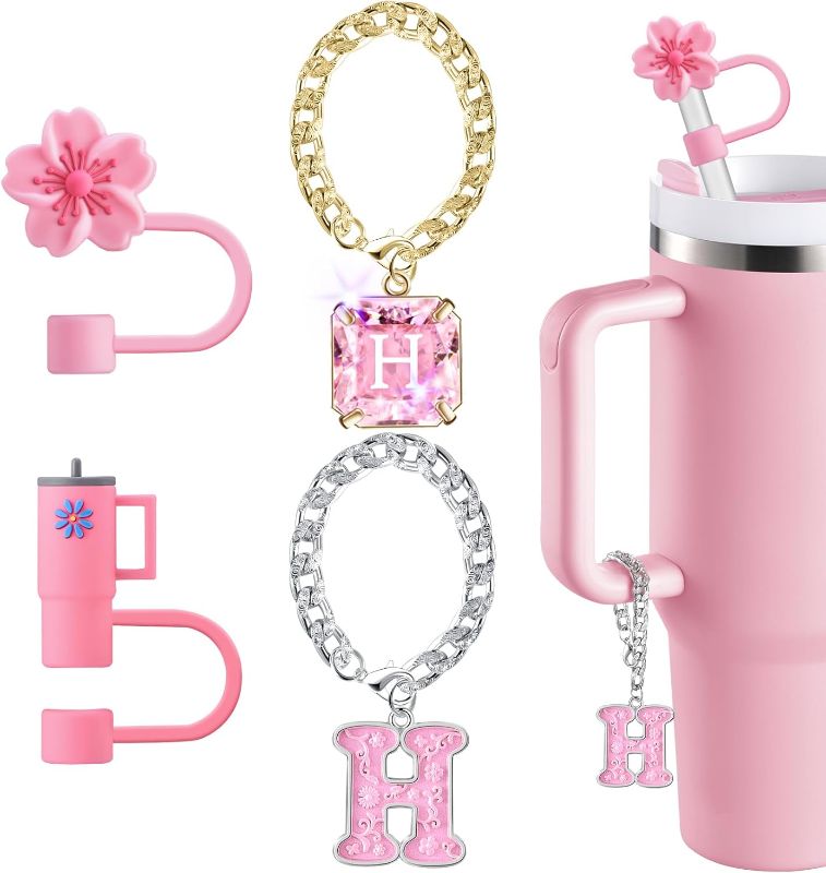 Photo 1 of ***4pakStraw Cover for Stanley Cup Accessories - Letter "A" and "H" Unique Crystal Letter Charms for Stanley Cups, Cute Flower & Cup Silicone Straws Topper Covers for 30 & 40 0z Tumbler with Handle, 10mm 0.4in Straw Lid Cap
