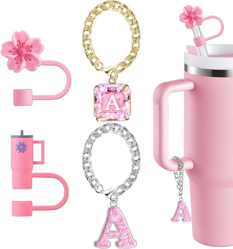 Photo 1 of ***4pakStraw Cover for Stanley Cup Accessories - Letter "A" and "H" Unique Crystal Letter Charms for Stanley Cups, Cute Flower & Cup Silicone Straws Topper Covers for 30 & 40 0z Tumbler with Handle, 10mm 0.4in Straw Lid Cap