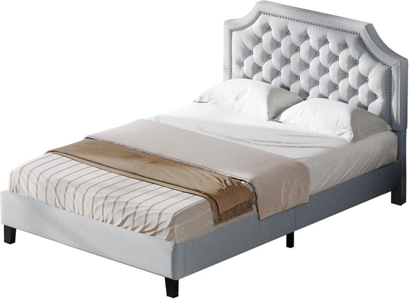 Photo 1 of **DAMAGED BOX**Full Bed Frame with Headboard, Grey Linen Upholstered Platform Bed Frame with Adjustable Nail Headboard, 12'' Under-Bed Storage Low Profile Bed Frame No Box Spring Needed