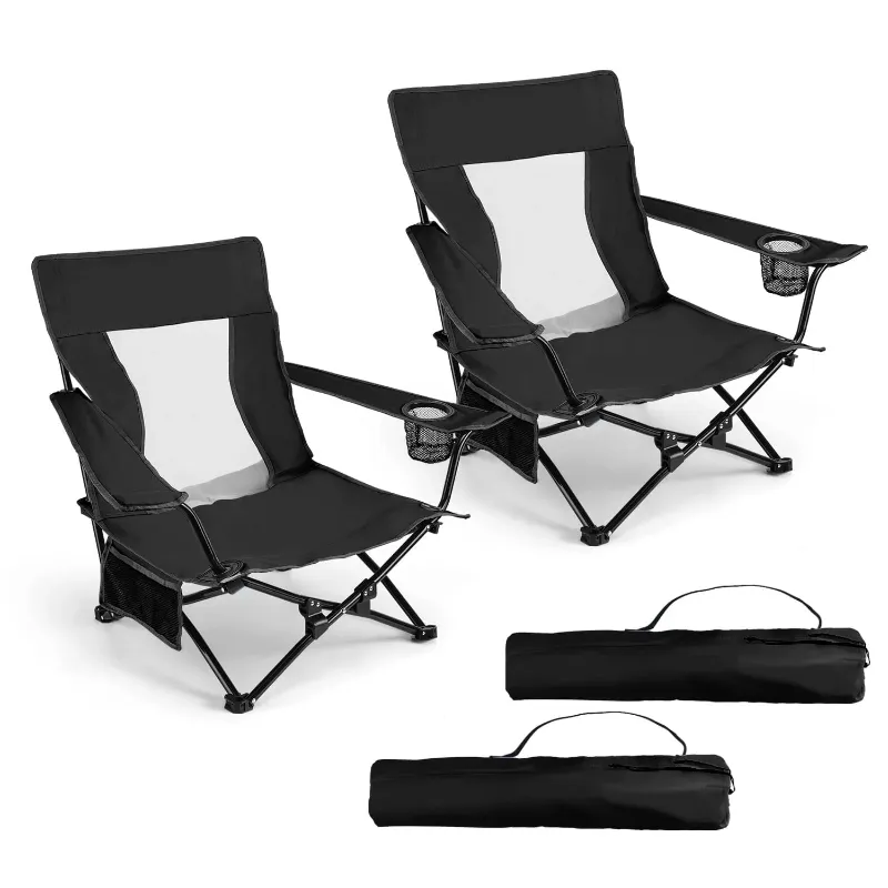 Photo 1 of *Carrying bag damaged* Walchoice Folding Beach Chair for Adults, Low Seat Camping Chair with High Back, Wide Seat Chair with Cup Holder & Carry Bag, Heavy Duty Portable Chair for Outdoor Picnic Travel (2 Pack of Black)