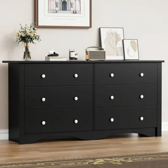Photo 1 of *Damaged corners* *Chipped* Lumihaven Rustic Modern Chest of 6 Drawers,Extra Wide Double Dresser for Master Bedroom or Nursery Storage,Black
