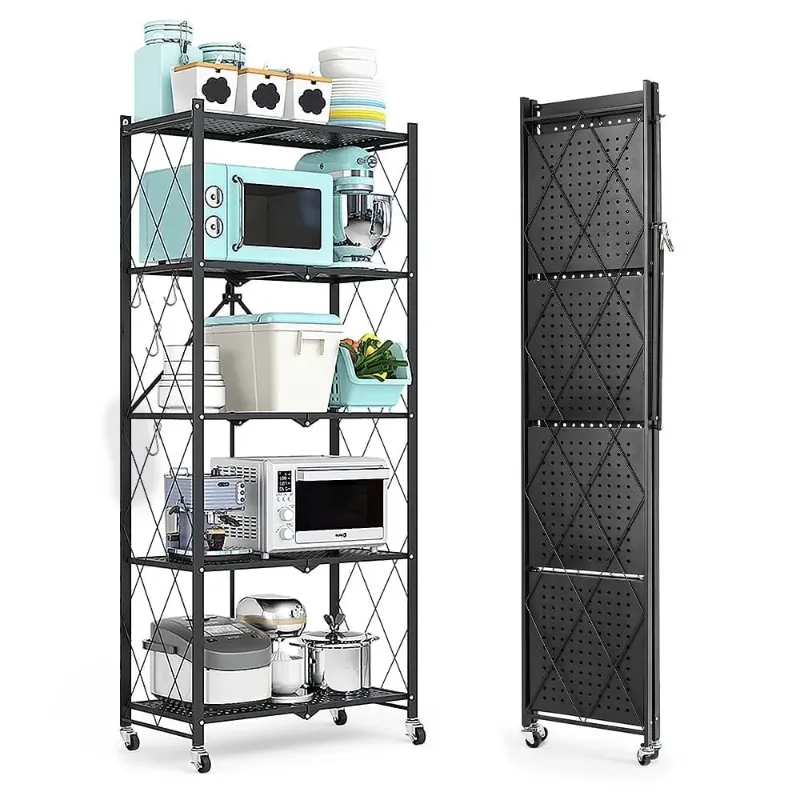 Photo 1 of *Two Wheels gone/Broken* COOKCOK 5-Tier Storage Shelving Unit, Metal Shelf 27.9"x13.4"x62.5, Foldable Storage Shelf with Wheels, Garage Shelf, Metal Storage Rack, Kitchen Shelf with 4 Hooks, No Assemble Require