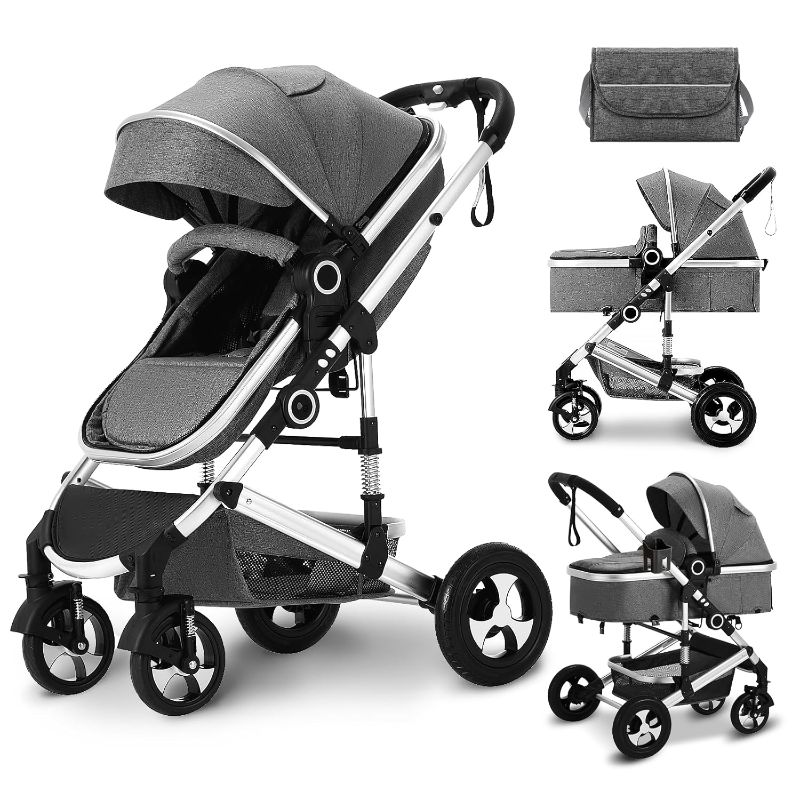 Photo 1 of Convertible Baby Stroller, Folding High Landscape Infant Carriage, Newborn Reversible Pram, Diaper Bag, Anti-Shock Toddler Pushchair Stroller, Dark Grey