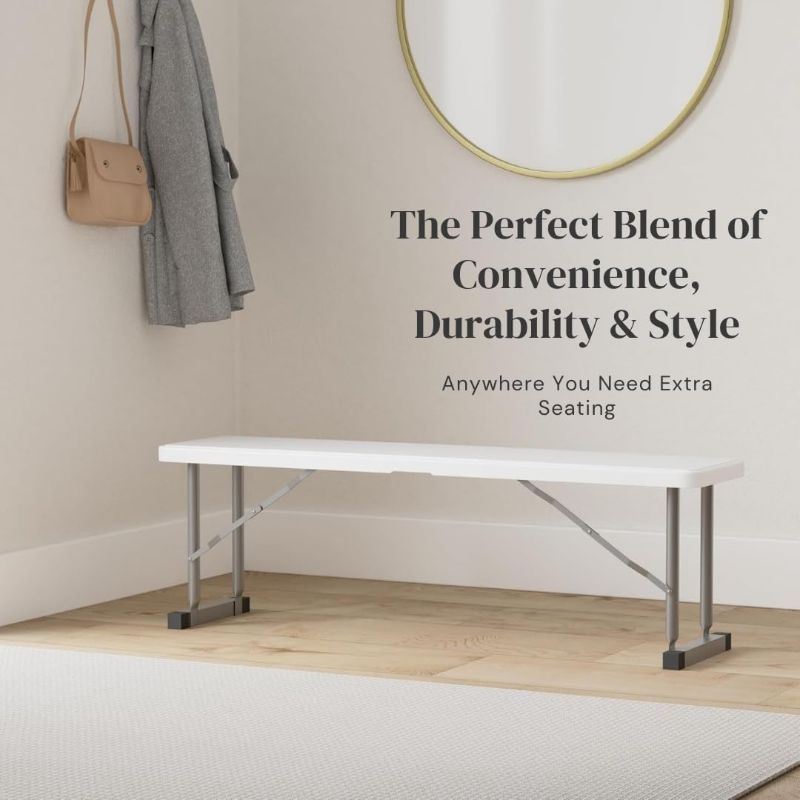 Photo 1 of Plastic Folding Bench – Lightweight and Portable White Resin with Durable Steel Frame,