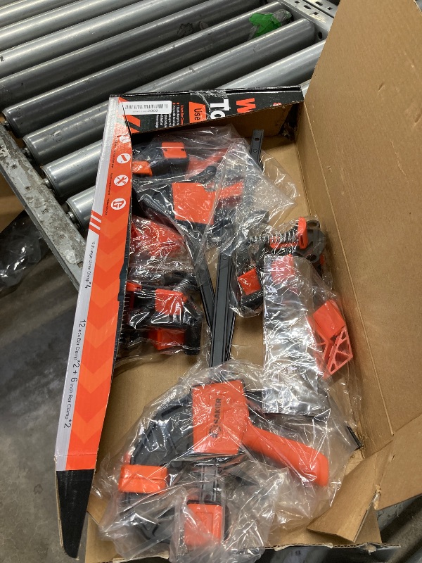 Photo 1 of **T IS USED, IT IS MISSING PARTS AND IT IS NOT KNOWN IF IT WORKS AT 10%**Saker Bar Clamps for Woodworking, Multi Degree Angle Clamp, 6" Quick Grip Clamps, Wood Working Clamps Sets, Quick Clamps F Clamp (Orange 6"+12" Bar Clamps*2+Angle Clamps*4)