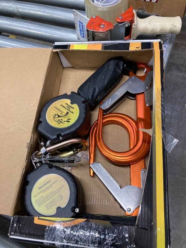 Photo 1 of ****T IS USED, IT IS MISSING PARTS AND IT IS NOT KNOWN IF IT WORKS AT 10%***TRSMIMA Fall Protection Retractable Lanyard - 6FT Twin Leg Self Retracting Lanyard Tangle-Free Webbing Shock Absorber Dual Aluminum Pelican Rebar Hook Aluminum Carabiner OSHA ANSI