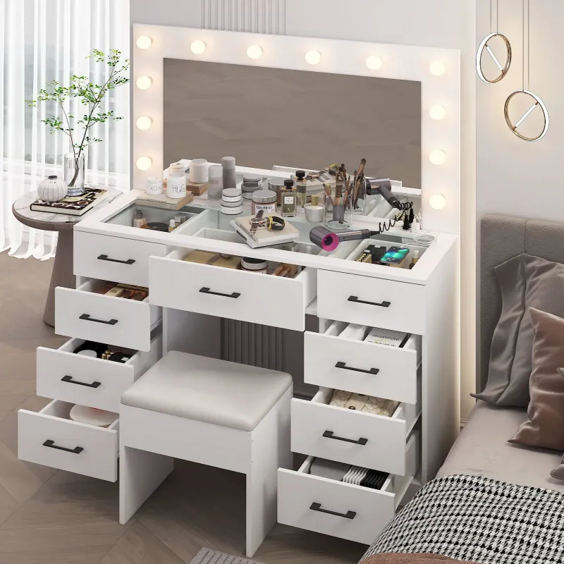 Photo 1 of ****It is used, it is missing several pieces and it is not clear if it is 100% functional.***Ktaxon Large Makeup Vanity, Vanity Table Set w/ Visible Glass Top w/ Charging Station, White