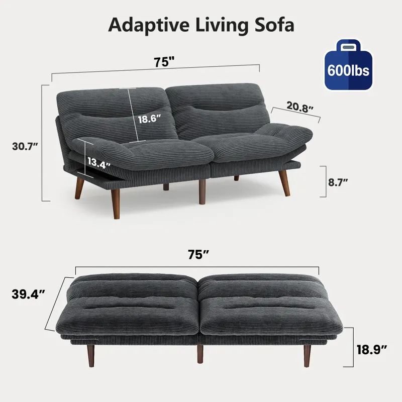 Photo 1 of **It is used, it is missing several pieces and it is not clear if it is 100% functional.***CHITOOMA 75" Corduroy Futon Sofa Bed, Gray Convertible Couch with Adjustable Backrest and 6-Level Armrests, Comfy Sleeper Sofa for Living Room, Apartment, or Office