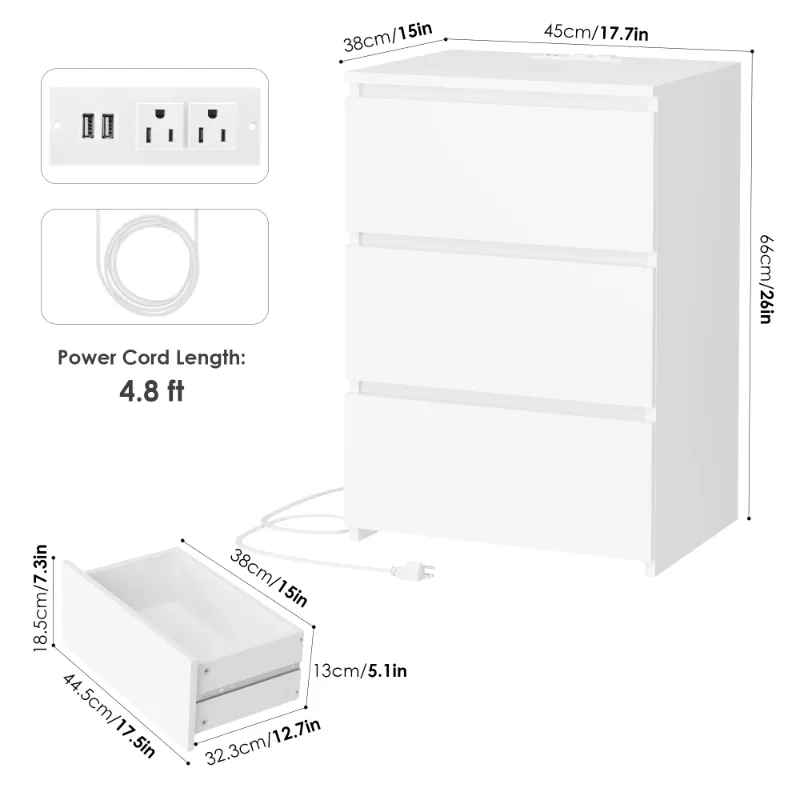 Photo 1 of ***This unit is missing parts and it is not known if it works at 100%***omfa 3 Drawers Nightstand Set of 2 with Charging Station, White End Side Table for Living Room, Wooden Storage Table for Bedroom, White