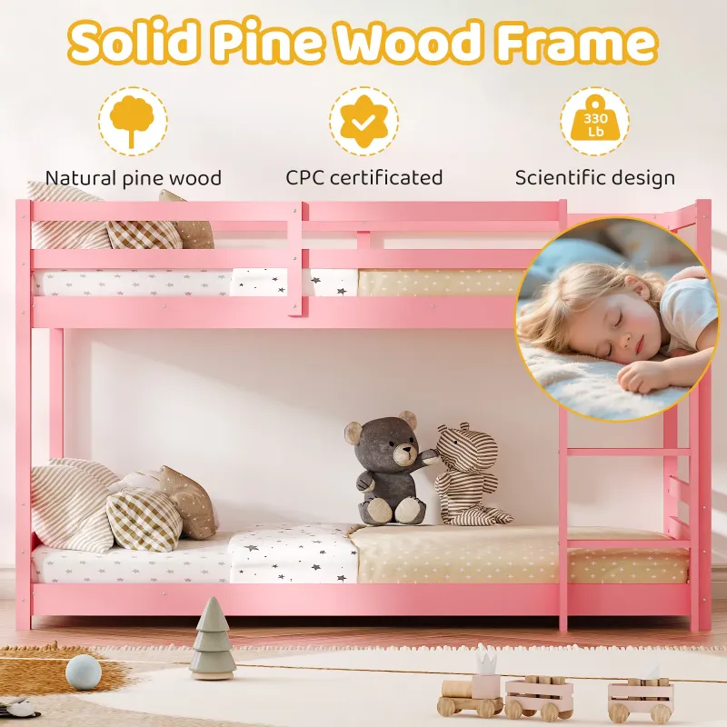 Photo 1 of ****It is used and is missing parts, so it is not known if it works 100%**Zimtown Bunk Bed Twin Over Twin,Kids Low Floor Bunk Bed with Guard Rails for Children Boys Girls Dormitory Bedroom,No Box Spring Needed,Pink