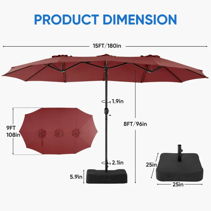 Photo 1 of ***It is used and is missing parts, so it is not known if it works 100%**edx 15ft Patio Umbrellas (Base Included), Large Outdoor Double-Sided Rectangle Market Umbrella with Stand for Poolside, Lawn, and Backyard, Burgundy