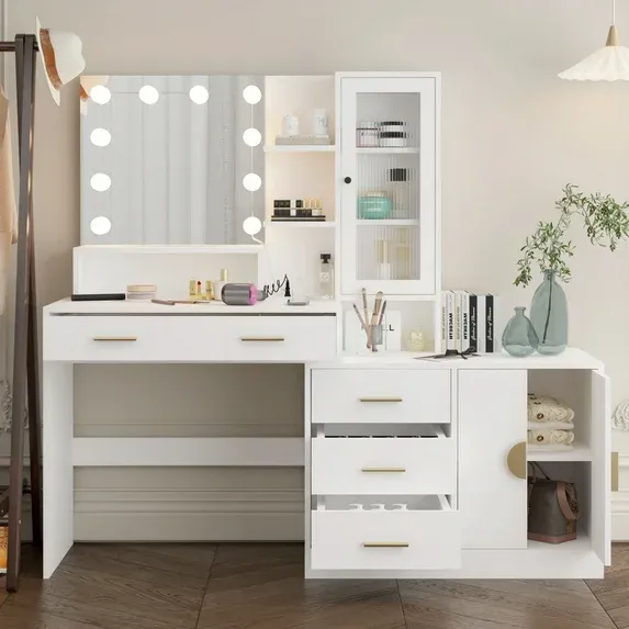 Photo 1 of ***It is used, it is missing parts, it is not known if it works 100%.***Ktaxon Makeup Vanity with 4 Drawers&Charging Station, Vanity Table Desk with 3 Color Light, Dressing Table w/ 2 Door Cabinet, White