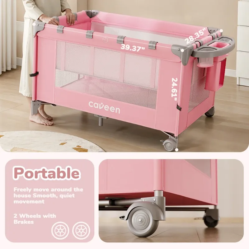 Photo 1 of ***It is used, it is missing parts and has a small tear on one side.***Baby Bassinet, Caveen 5 in 1 Baby Playard with Bassinet, Portable Bedside Sleeper Baby Crib, with Removable Changing Station & Storage Organizer, Pink