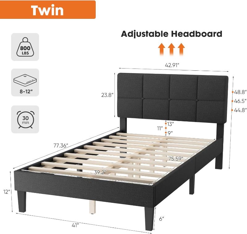 Photo 1 of **It's missing parts, it's used and I don't know if it works 100%.***Sweetcrispy Twin Size Wood Bed Frame - Linen Upholstered Platform Bed with Headboard, No Box Spring Needed with 800LBS Sturdy Wooden Slats Support, Noise Free, Easy Assembly, Dark Grey