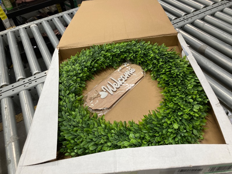 Photo 1 of **used***26Inch Boxwood Wreaths for Front Door?Summer Wreaths for Front Door Outside Realistic?Front Door Wreath Outside All Season?Artificial Green Wreath for Farmhouse Porch Wall Wedding Room Home Decor