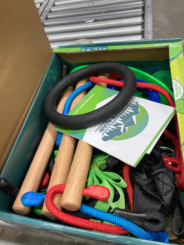 Photo 1 of **It is used, it is missing a part and it is not known if it works 100%**Ninja Warrior Obstacle Course for Kids – 2 x 65ft Slackline with 13 Obstacles, Weatherproof, Adjustable Difficulty, Safe Setup on Trees or Posts, Supports Up to 880lbs, Fun Outdoor N