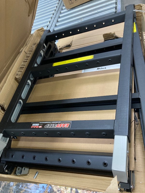 Photo 1 of **It is used, it is missing a part and it is not known if it works 100%.***MoJack 00410 Easy Step Ladder, Folding Lightweight, 300lb Sturdy Steel, Lightweight, Portable Steel Ladder, Top Platform with Non-Slip Thread, Indoor and Outdoor Use