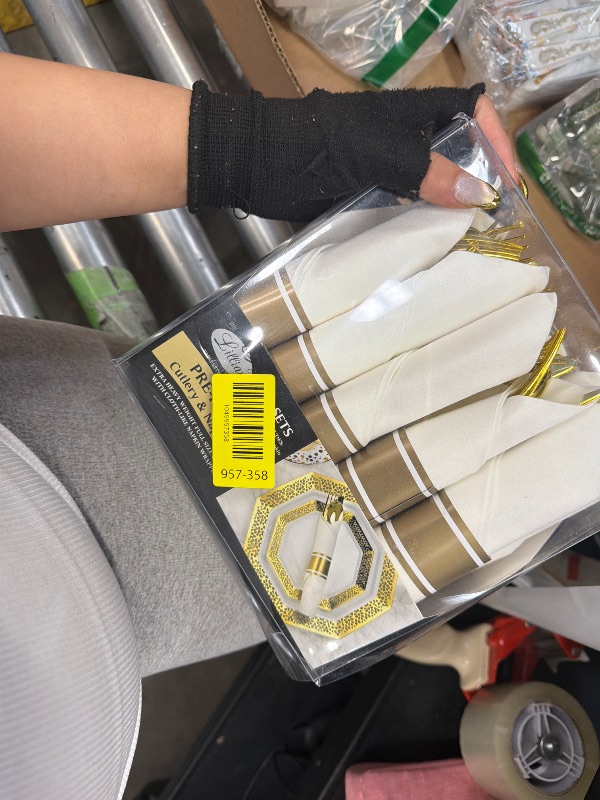 Photo 1 of 10 Pieces Pre Rolled Cutlery And Napkins Set with Heavy Duty Full Size Polished Gold Cutlery, 10 Forks, 10 Knives, 10 Spoons, In Rolled Napkins, for Weddings, Parties And Events