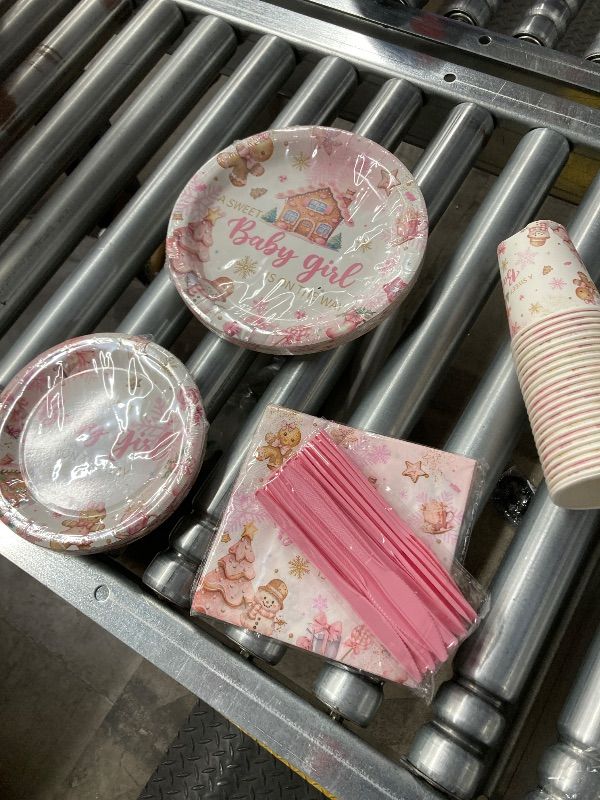 Photo 1 of ***MISSING PIECES -SELLING AS INCOMPLETE *** Pink Christmas Gingerbread Baby Shower Decorations, 144pcs A Sweet Baby Girl is On The Way Gingerbread Plates and Napkins, Winter Christmas Baby Shower Decorations for Girl,