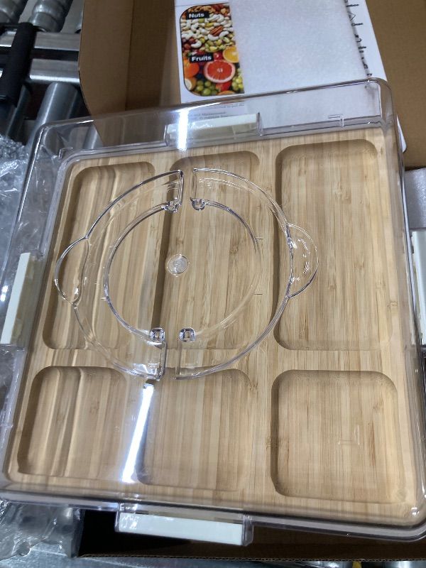 Photo 1 of ***MISSING CARRYING HANDLES -SELLING AS IS *** Charcuterie Board with Clear Locking Lid and Handle, 6 Compartment Bamboo Cheese Board Snackle Box, Portable Cutting Board for Snacks, Fruits&Meats, Ideal Gift for Parties, Birthday& House Warming