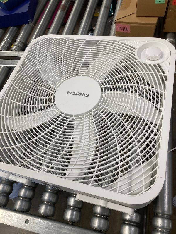 Photo 1 of ***DAMAGED-NON-FUNCTIONAL -SELLING AS IS *** Pelonis Box Fan 20 Inch – Adjustable 3 Speeds For the Perfect Noise Level for Sleeping – 5 Blade Technology Provides Powerful Airflow to Beat the Heat – Sleek Design, Lightweight, Durable, White