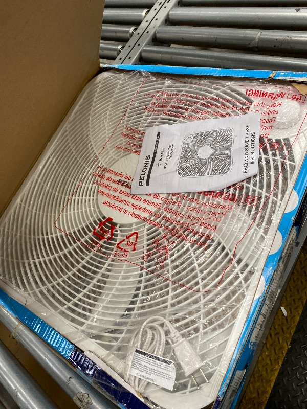 Photo 1 of ***DAMAGED-NON-FUNCTIONAL -SELLING AS IS *** Pelonis Box Fan 20 Inch – Adjustable 3 Speeds For the Perfect Noise Level for Sleeping – 5 Blade Technology Provides Powerful Airflow to Beat the Heat – Sleek Design, Lightweight, Durable, White