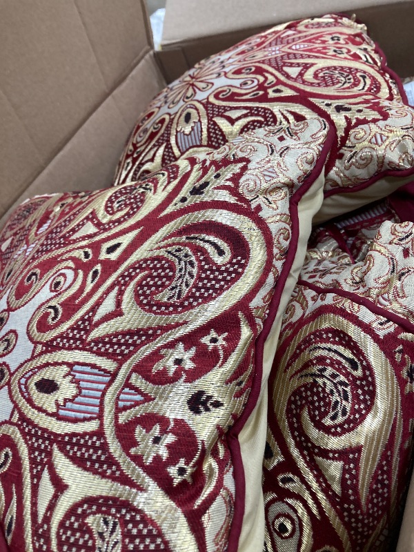 Photo 1 of **INCLUDES COMFORTER, 2 PILLOW CASES AND 3 PILLOWS**Stratford Park Gold/Wine King Comforter Set, 7 Piece, Burgundy Home Decor, Premium Lightweight Microfiber, Bedskirt, Pillows & Shams