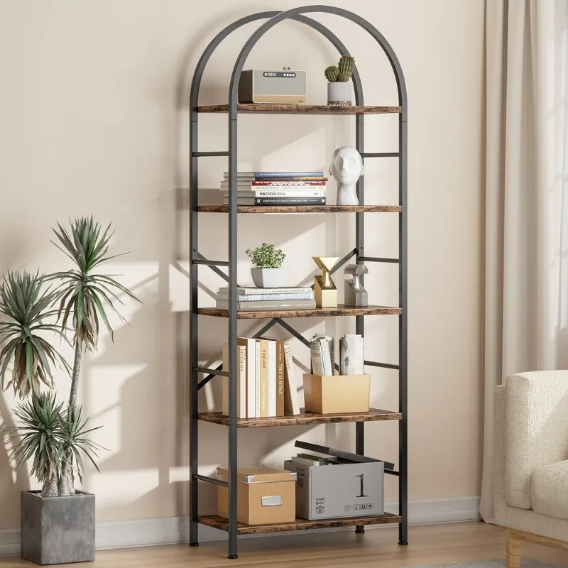 Photo 1 of **MISSING PARTS***5-Tier Arched Bookcase, Wooden & Metal Frame Bookshelf - Black/Brown