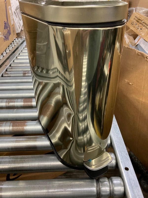 Photo 1 of **DENTS ON SIDES**mDesign Small 2.6 Gallon/10 Liter Stainless Steel Metal Step Trash Can Garbage Bin for Bathroom, Bedroom, Office, D-Shape Trashcan with Foot Pedal/Lid, Removable Liner Bucket with Handles, Soft Brass